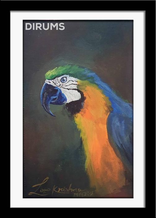 Contemporary acrylic painting of an azure and amber-hued macaw