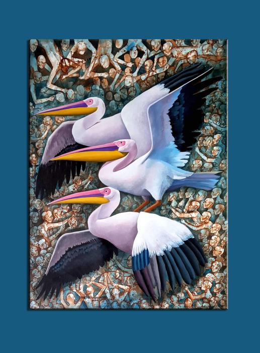 Pelicans are a genus of large water birds painting